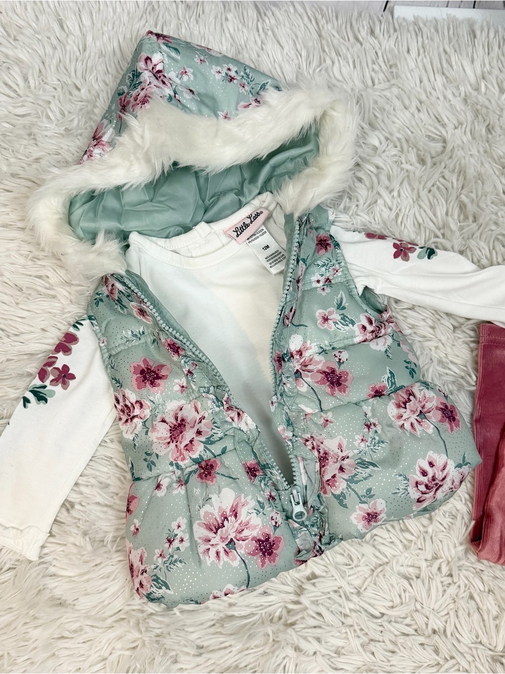 Little Lass 3Pc Floral Hooded Puffer Vest Set with Pink Leggings 12 Months NWT - Picture 7 of 9